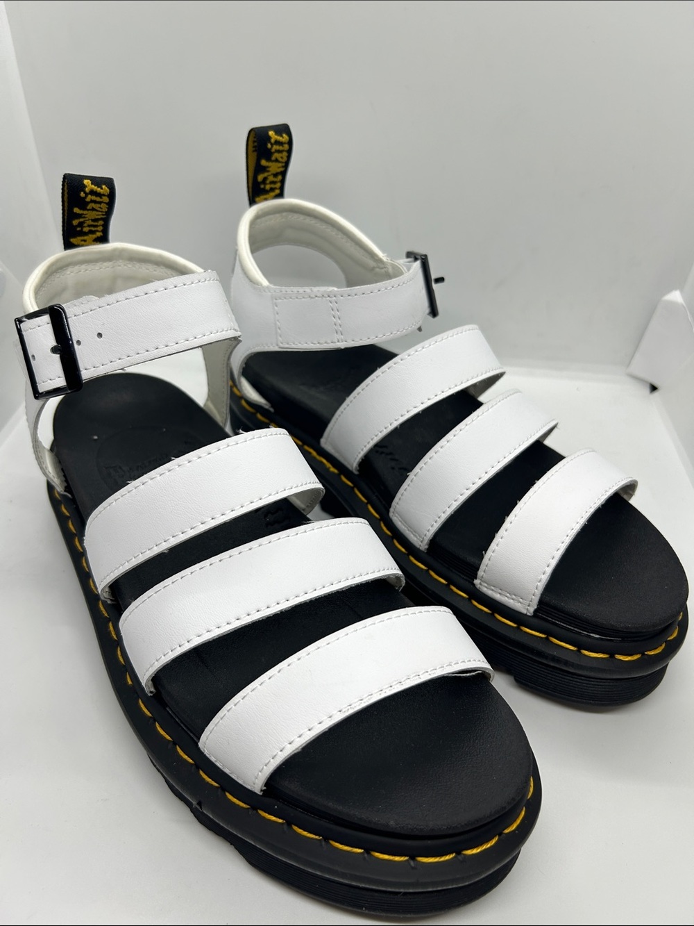 Dr. Martens White Multi-Strap Platform Sandals with Yellow Stitch Sz 10
